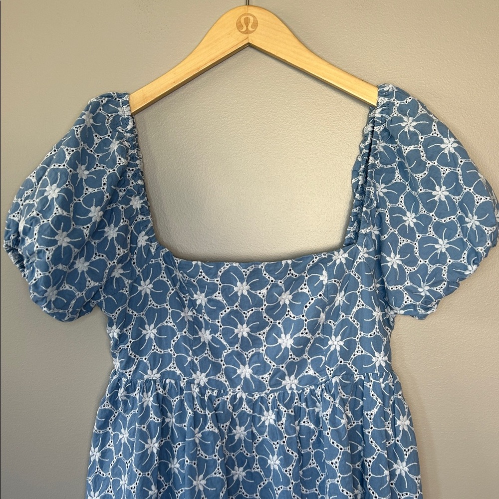 Lulus Fit to Frolic Blue Floral Eyelet Puff Sleeve‎ Babydoll Mini Dress Sz Small - Picture 4 of 12
